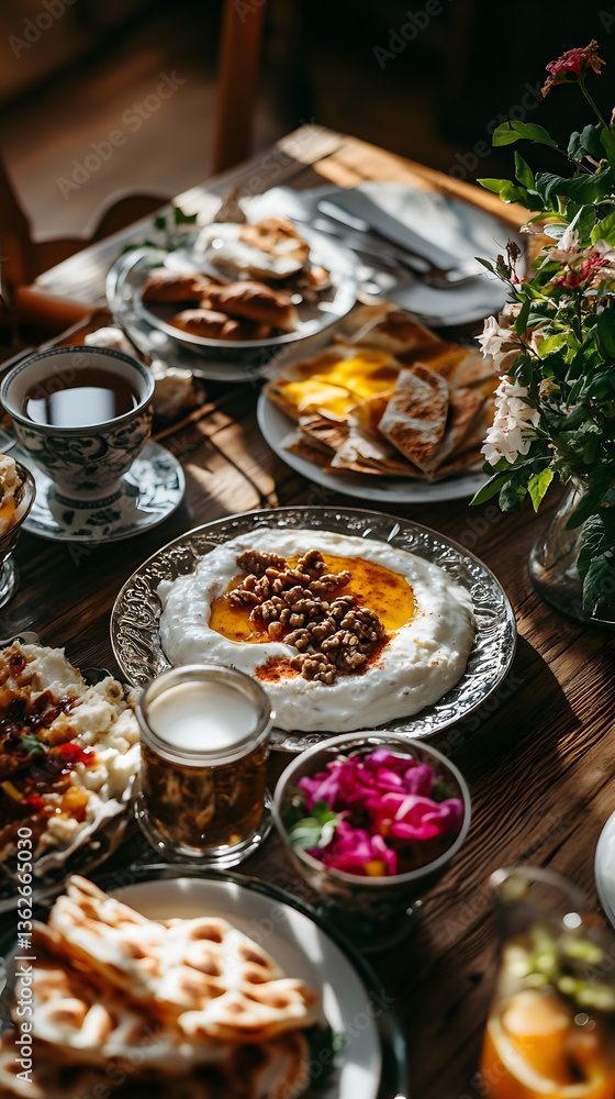 A vibrant breakfast scene with hearty dishes and fresh flowers, perfect for sharing joy. A vibrant breakfast scene with hearty dishes and fresh flowers, perfect for sharing joy.