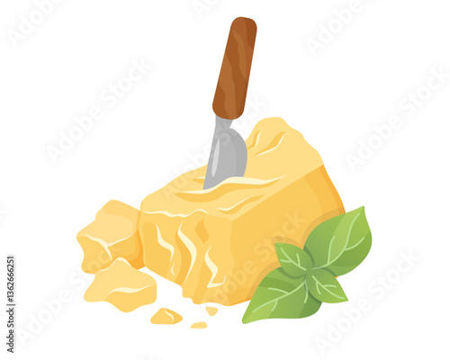 Parmesan cheese with basil and knife. Organic farm food. Design element, cartoon flat illustration for logo, poster, menu. Isolated on white background. Vector illustration