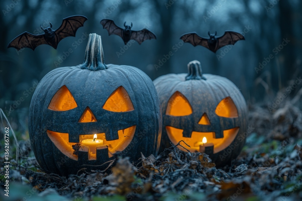 Fototapeta premium Halloween pumpkins glow in the dark forest surrounded by flying bats on a foggy autumn night