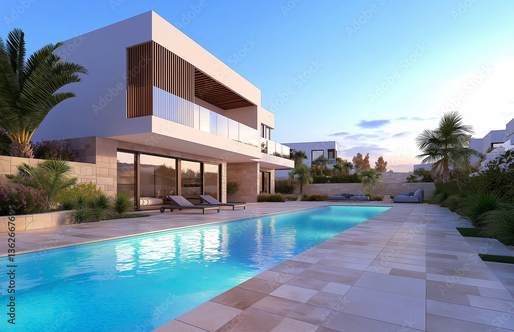 Fototapeta premium Modern villa with swimming pool and terrace, surrounded by lush greenery, showcasing serene outdoor space perfect for relaxation and leisure