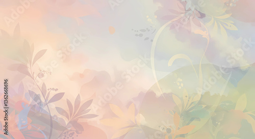 Soft pastel floral watercolor background with leaves art