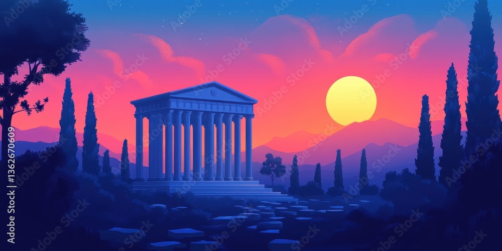 Fototapeta premium Classical Greek Temple at Sunset with Majestic Columns Set Against a Vibrant Sky and Silhouetted Ancient Landscape in Enchanting Colors