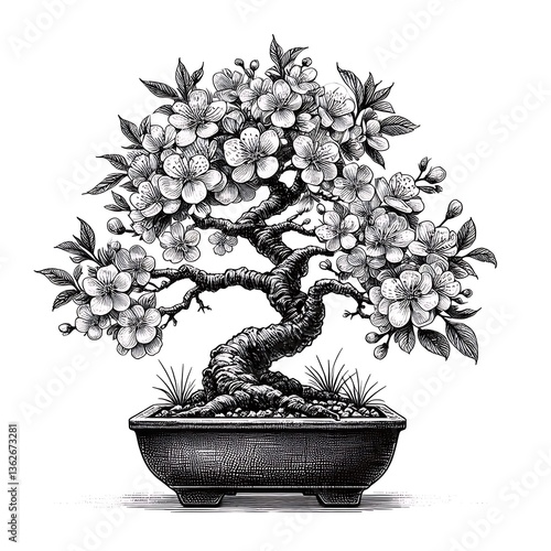 Detailed Bonsai Tree with Flowers Engraving | Elegant Botanical Illustration | Vintage Line Art | Japanese Garden Design | High-Resolution Vector