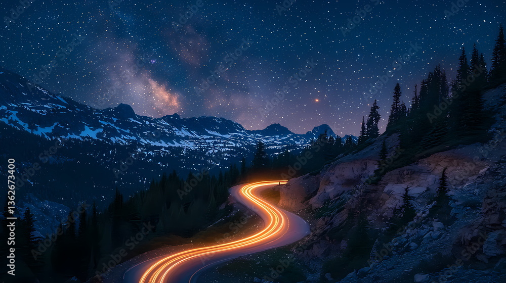 Fototapeta premium Winding mountain road illuminated by car lights under starry night sky