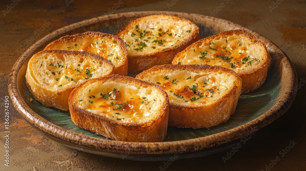 A warm and inviting presentation of garlic bread slices on a ceramic plate, perfect for sharing. A warm and inviting presentation of garlic bread slices on a ceramic plate, perfect for sharing.