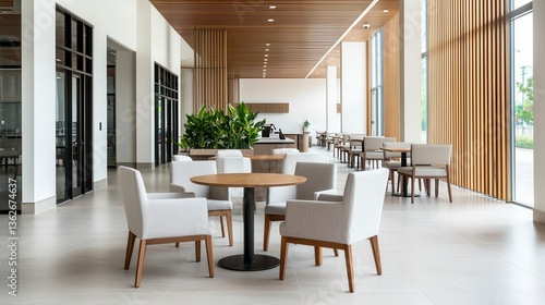 Modern Cafe Interior with High Ceilings and Neutral Aesthetic