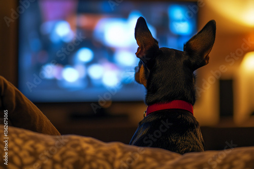 Black dog with red collar, watching TV from behind, blurred background, conveying themes of companionship and relaxation photo