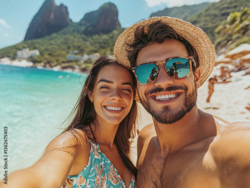 Obraz premium Joyful couple captures selfie during summer vacation in tropical paradise