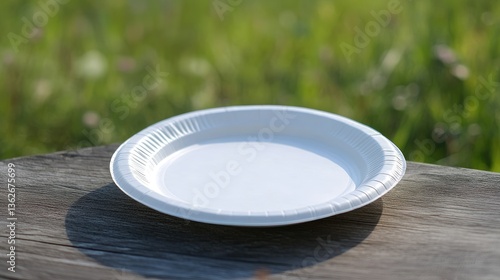 A white disposable plate placed neatly on a dining table, ready for a family meal or outdoor picnic.