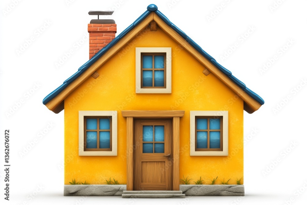 Obraz premium Bright yellow house with blue roof and brick chimney set against a clear sky