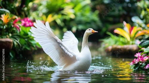 A white goose flapping its wings energetically in the middle of a tranquil pond, surrounded by vibrant spring flowers and lush green plants