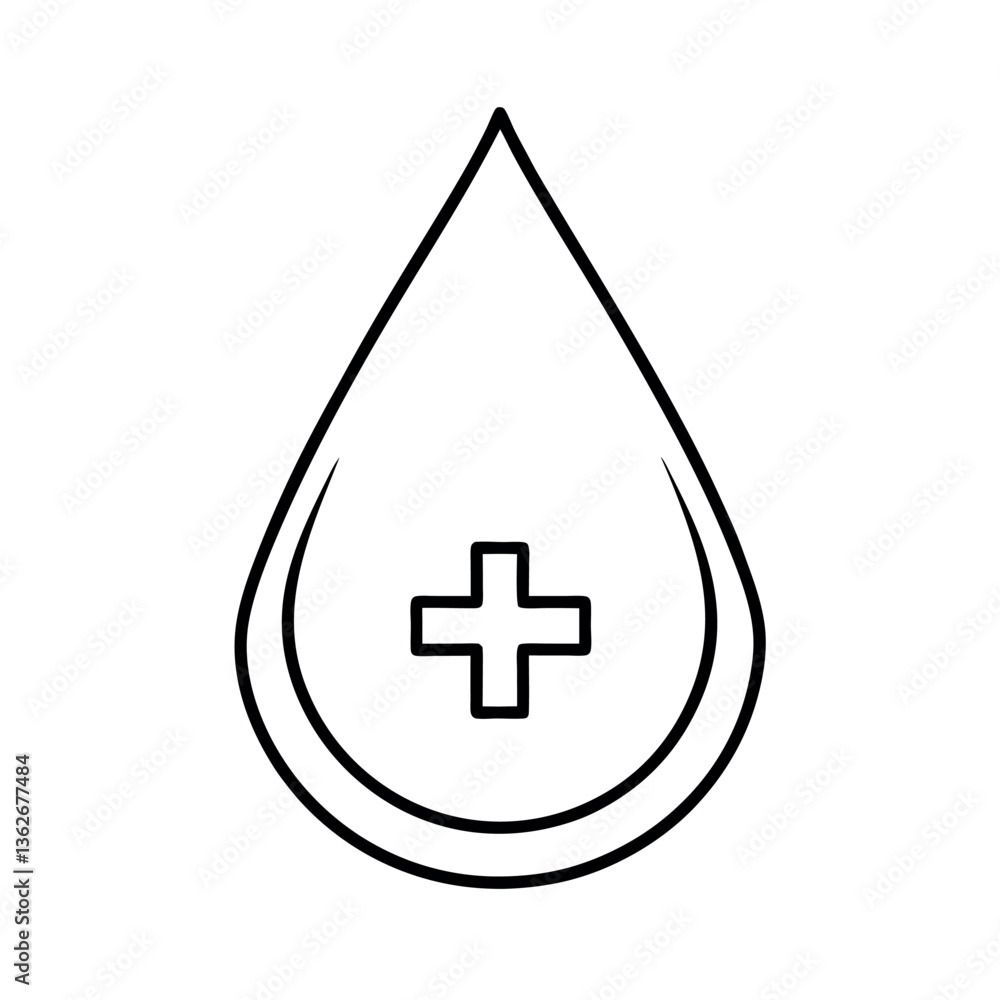 Simple Black Line Art Illustration of a Drop with a Medical Cross Simple Black Line Art Illustration of a Drop with a Medical Cross