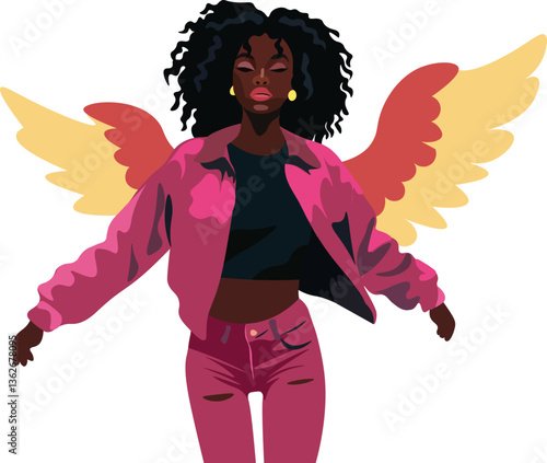 Afro girl in a pink suit with wings on her back, Repira's girlfriend,