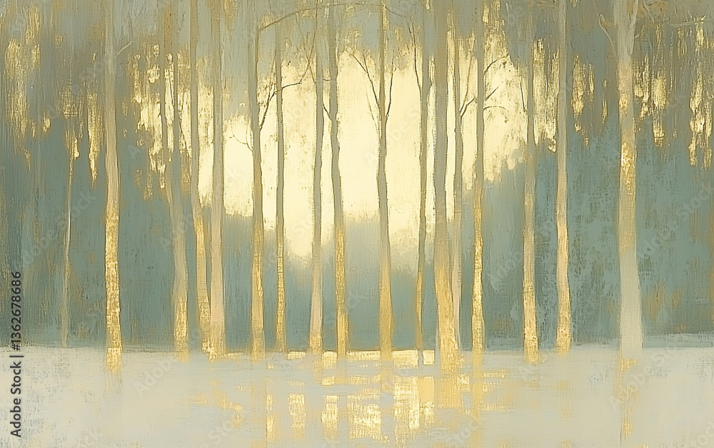 Fototapeta premium Abstract Forest Painting with Golden Light, Trees, and Reflections on Canvas