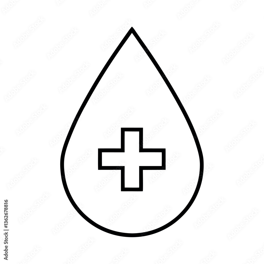 Simple Black Line Art Illustration of a Drop with a Medical Cross Simple Black Line Art Illustration of a Drop with a Medical Cross