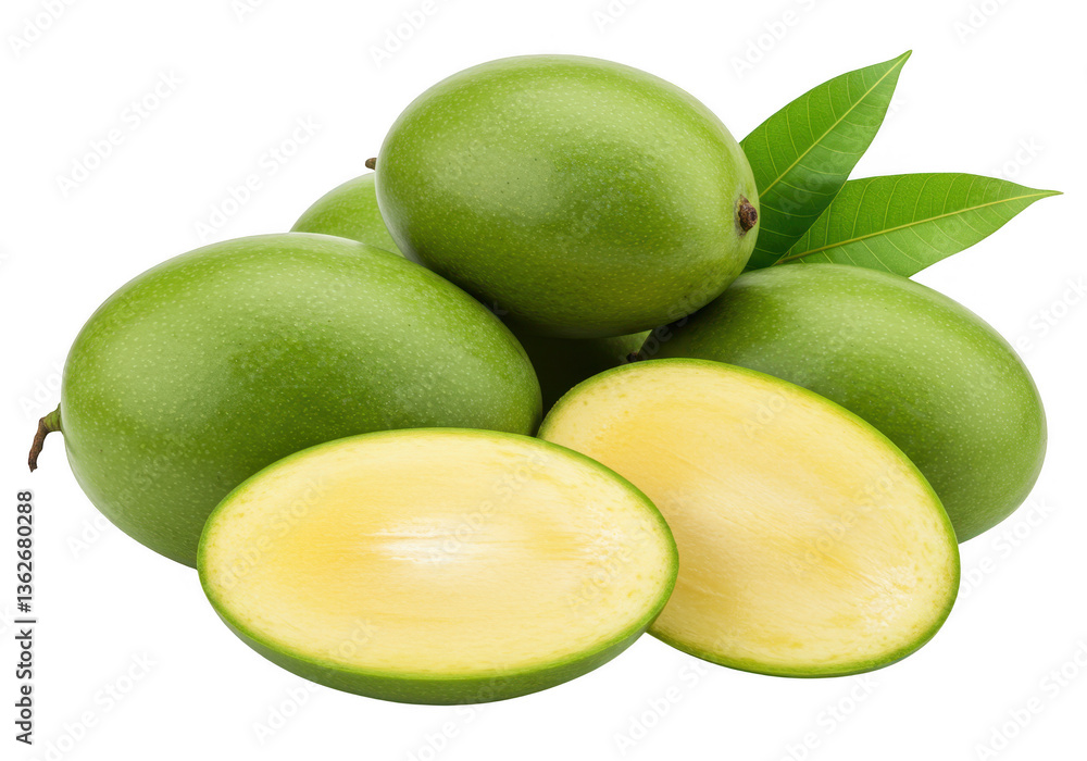 Obraz premium A bunch of green mangoes, mango slices and fresh green leaves isolated on transparent background