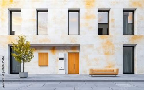 Modern architectural design of minimalistic building with orange accents in urban environment