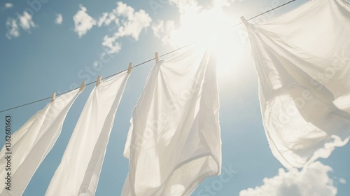 Close-up of white clothes hung on a washing line, billowing in the wind against a clear, sunny sky with a natural, peaceful ambiance