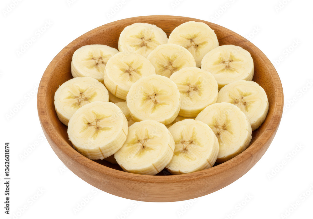 A wooden bowl filled with fresh banana slices arranged in a circular pattern isolated on transparent background A wooden bowl filled with fresh banana slices arranged in a circular pattern isolated on transparent background