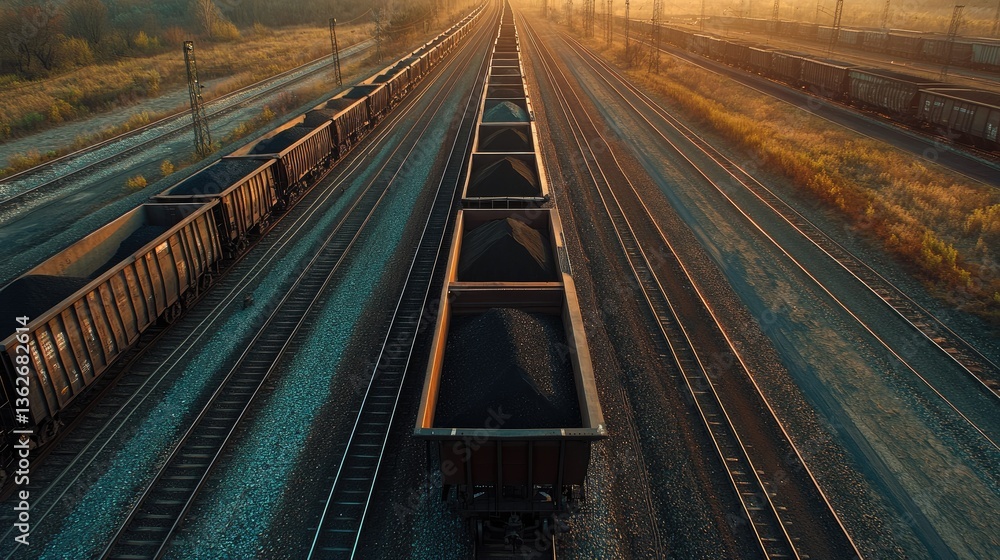 Fototapeta premium Aerial drone shot of black coal inside freight railway cars, lined up at a transport hub, tracks stretching into the distance.
