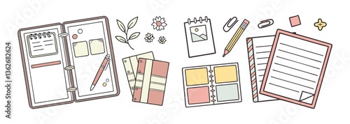 Stationery, notebook, memo, ballpoint pen.
Illustration set.