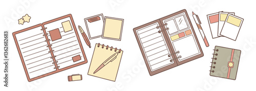 Stationery, notebook, memo, ballpoint pen.
Illustration set.