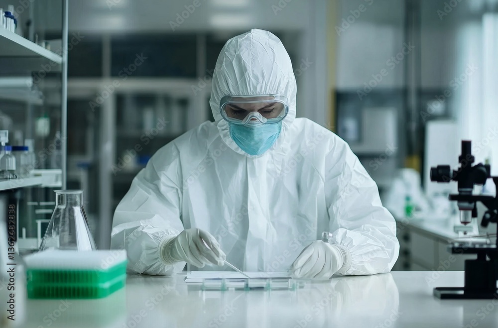 A scientist wearing a white lab coat and mask conducts experiments in a laboratory. A scientist wearing a white lab coat and mask conducts experiments in a laboratory.
