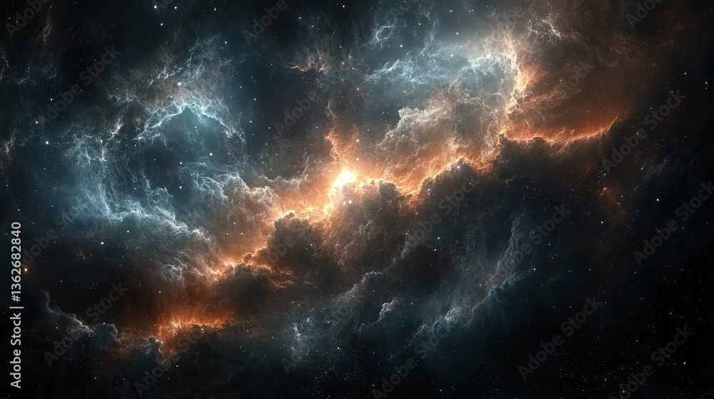 Obraz premium vast universe with nebula and stars, glowing smoke, dark