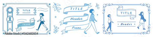 Blue ribbon and frame.
Walking. Line drawing.