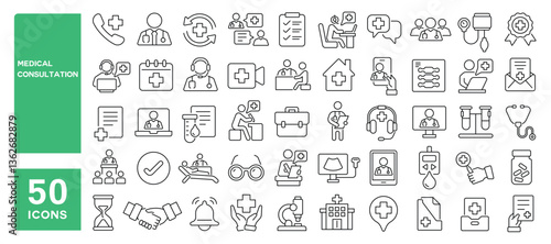 Set of 50 line icons related to medical consultation, online doctor, digital healthcare, prescription, checkup appointment, clinic booking, telemedicine, Editable stroke. Vector illustration
