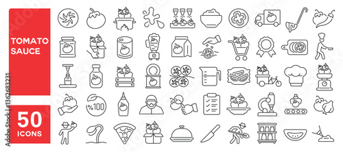 Set of 50 line icons related to tomato sauce, manufacturing, ketchup, tomato farming, bottle, bowl, chili sauce, fresh tomato, ripe, tomato can, Editable stroke. Vector illustration