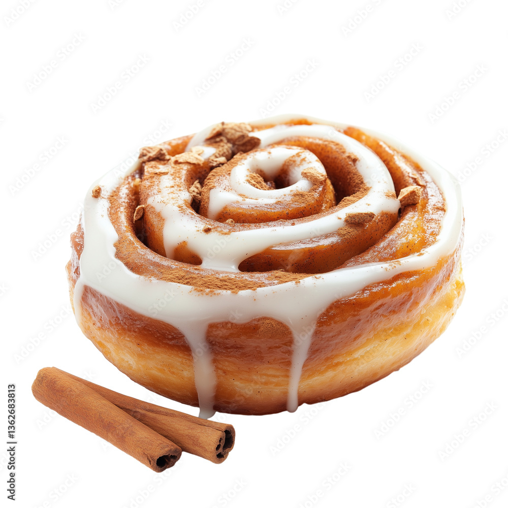 Fototapeta premium fresh cinnamon cinnamon cinnabon with white icing, isolated on a white background 