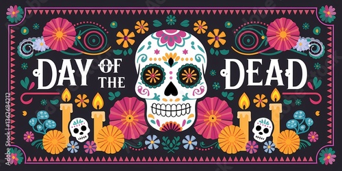 Festive Dia de los Muertos typography banner featuring an ornate sugar skull illustration surrounded by vibrant marigold flowers candles Mexican decorations, set against a dark contrasting background