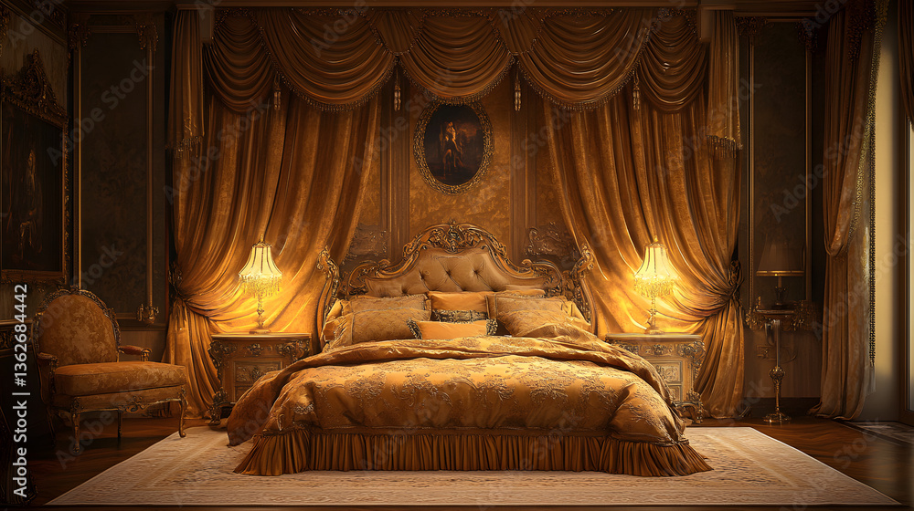 Fototapeta premium room, furniture, design, house, decor, decoration, comfort, indoors, classic, interior，, bed, bedroom, hotel, interior, home, pillow, lamp, luxury, comfortable, apartment, bedding, sheet, mattress, li