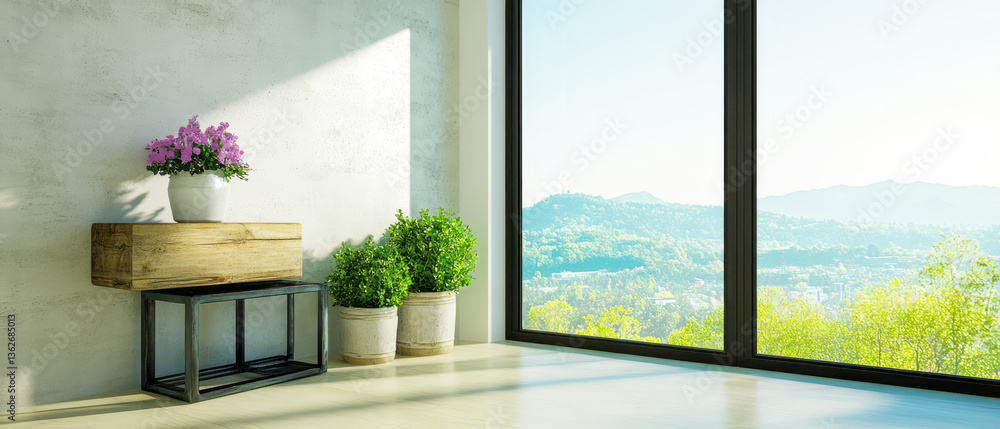 Bright interior with plants and mountain view in sunlight during daytime Bright interior with plants and mountain view in sunlight during daytime