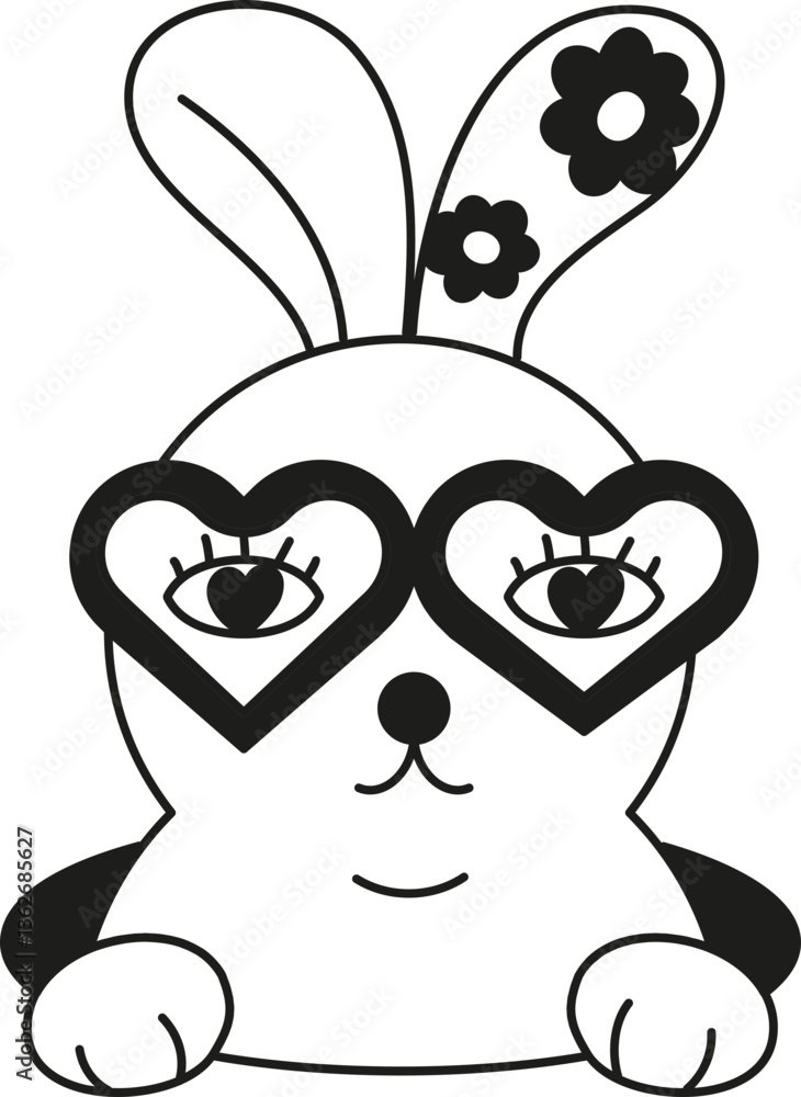 Obraz premium doodle boho groovy easter Cute bunny wearing heart-shaped glasses with floral decorations.