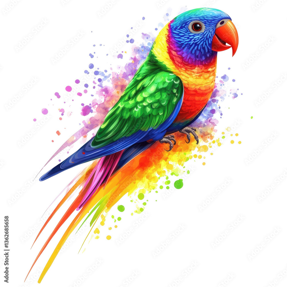 Obraz premium Colorful Parrot in Watercolor Splendor: A vibrant, stunning parrot illustration rendered in watercolor, showcasing a symphony of rainbow hues in its plumage.