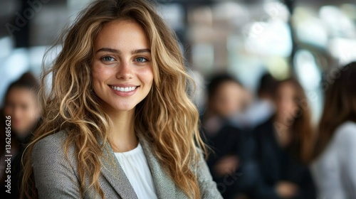 A woman with beautiful curly hair beams with a bright smile, dressed in a chic blazer in a bustling indoor space. The background features people engaged in conversation, creating a vibrant atmosphere Free Download A woman with beautiful curly hair beams with a bright smile, dressed in a chic blazer in a bustling indoor space. The background features people engaged in conversation, creating a vibrant atmosphere - GFXLoad