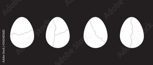 Broken eggs icon set isolated on black background. Broken Eggshell and cracked egg icon set in white color. Broken ester egg collection. Vector illustration.