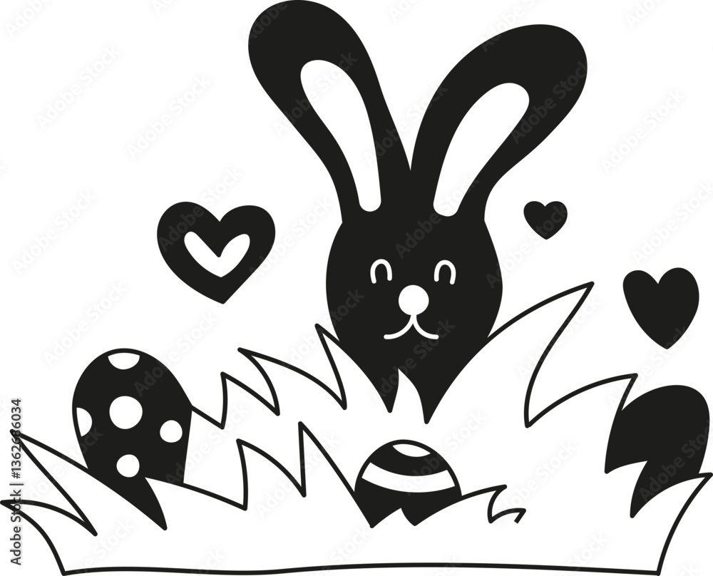 Obraz premium doodle boho groovy easter Cute bunny surrounded by eggs and hearts in grass.