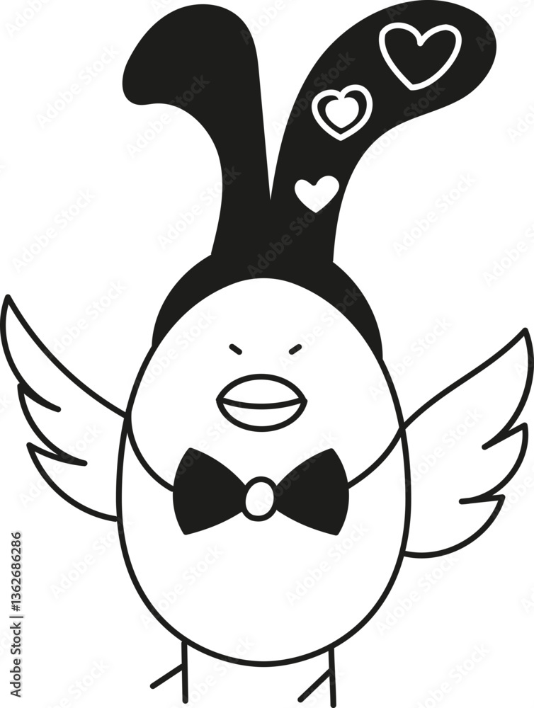 Obraz premium doodle boho groovy easter Cute bird wearing a bunny hat with hearts and a bowtie.