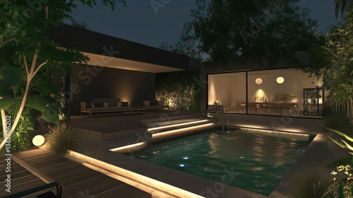 Chic modern backyard with a pool  featuring floating steps  sleek decor  and glowing ambient lights.