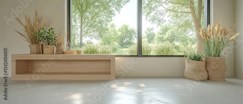 Bright modern interior with wooden decor and greenery near a large window