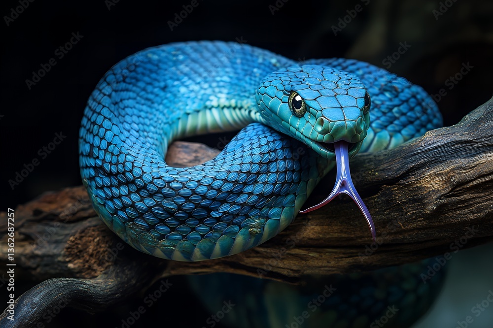 Fototapeta premium Vibrant Blue Snake Coiled on Dark Wood Branch Close Up Wildlife