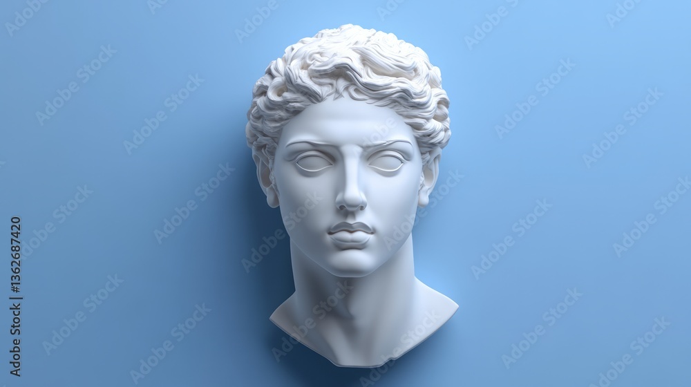 Obraz premium White sculpture of a classical male head against a blue background