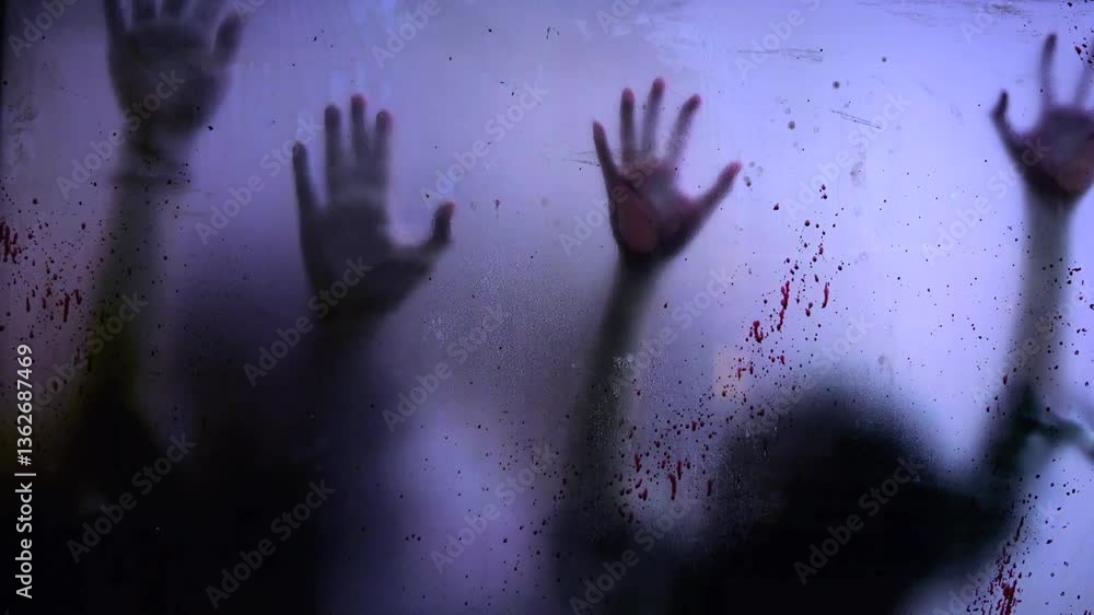 Several shadowy figures resembling zombies are seen reaching out, their hands pressed against a glass surface smeared with blood, creating a chilling and suspenseful atmosphere