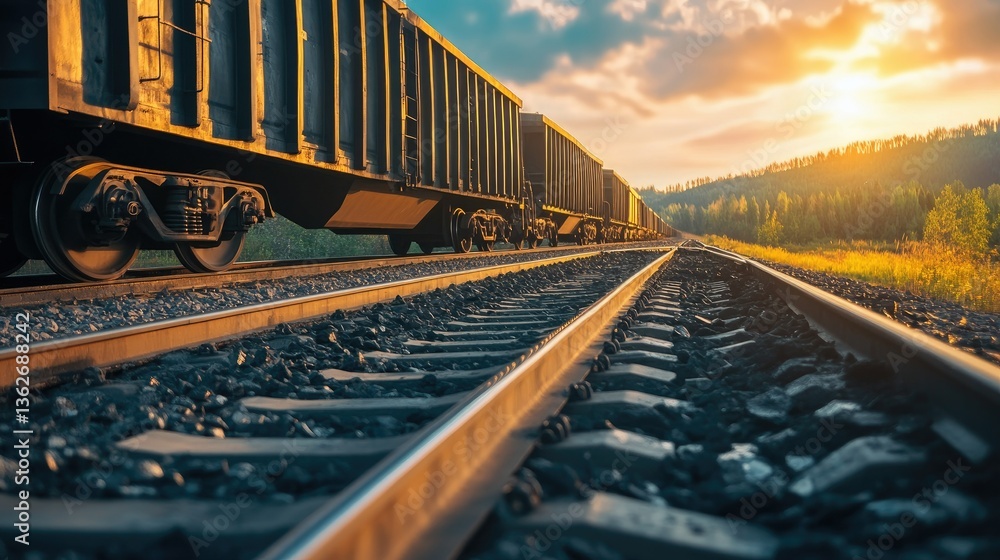 Fototapeta premium Coal train moving through an open landscape, the sunlight highlighting textures of coal and railway tracks.