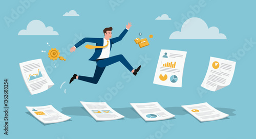 Businessman leaping over documents, achieving success.