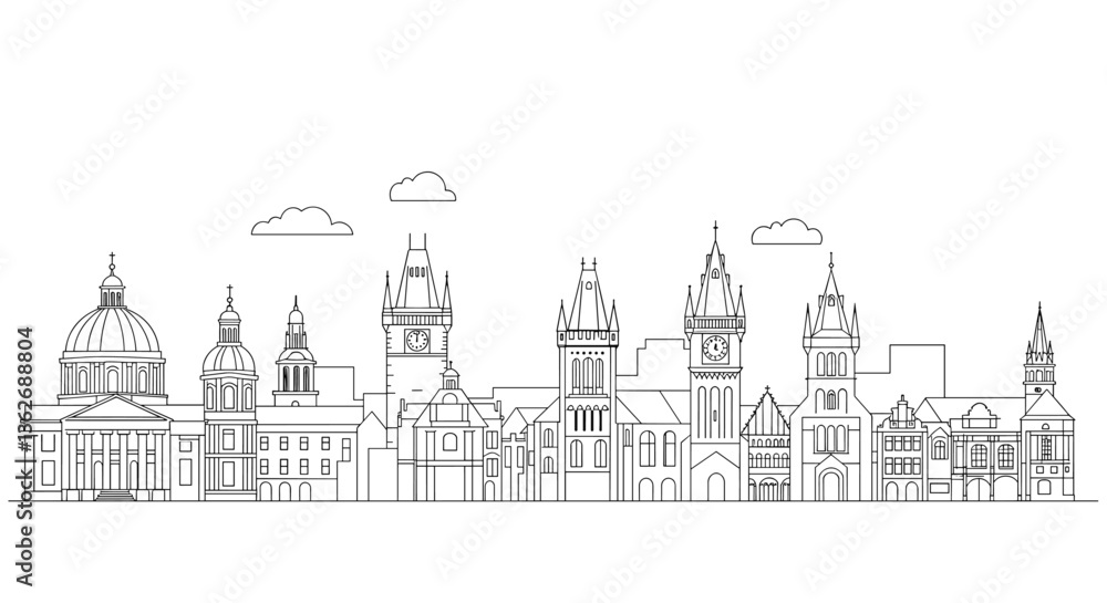 Obraz premium Black and white line art of European city skyline