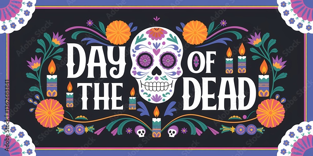 Fototapeta premium Festive Dia de los Muertos typography banner featuring an ornate sugar skull illustration surrounded by vibrant marigold flowers candles Mexican decorations, set against a dark contrasting background